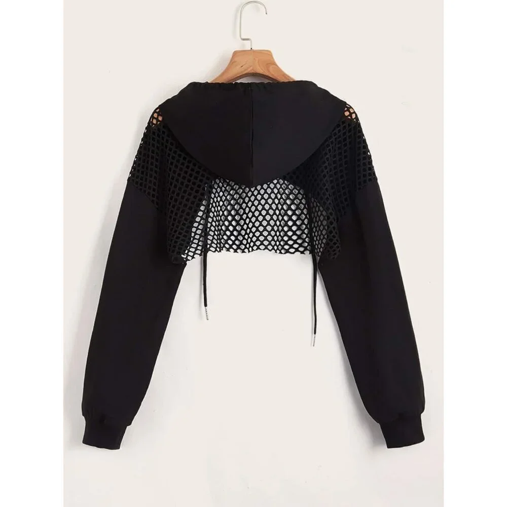 Women's Cropped Hoodie Polyester Drop Shoulder Hollow Out Pullover